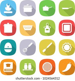 flat vector icon set - flammable vector, pan, saute, colander, apron, cutting board, egg timer, whisk, spatula, induction oven, cooking book, salt pepper, sieve, hot
