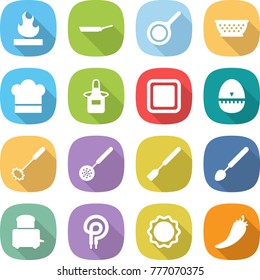 flat vector icon set - flammable vector, pan, colander, cook hat, apron, cutting board, egg timer, whisk, skimmer, spatula, big spoon, toaster, elecric oven, induction, hot pepper