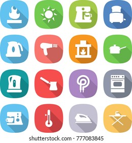 flat vector icon set - flammable vector, sun, coffee maker, toaster, kettle, hair dryer, fireplace, saute pan, turk, elecric oven, thermometer, iron, board