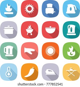 flat vector icon set - flammable vector, sun, toaster, kettle, pan, bbq, cauldron, cook glove, gas oven, fire, thermometer, hot pepper, iron, board