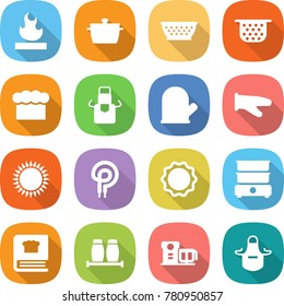 flat vector icon set - flammable vector, pan, colander, chief hat, apron, cook glove, gas oven, elecric, induction, double boiler, cooking book, salt pepper, food processor