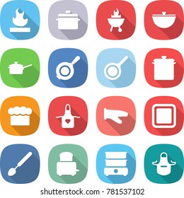 flat vector icon set - flammable vector, pan, bbq, cauldron, saute, chief hat, apron, cook glove, cutting board, big spoon, toaster, double boiler