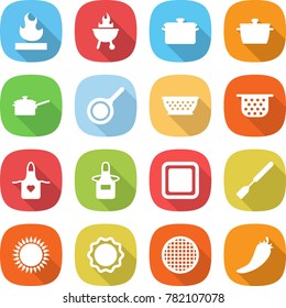 flat vector icon set - flammable vector, bbq, pan, saute, colander, apron, cutting board, spatula, gas oven, induction, sieve, hot pepper