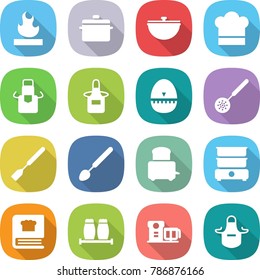 flat vector icon set - flammable vector, pan, cauldron, cook hat, apron, egg timer, skimmer, spatula, big spoon, toaster, double boiler, cooking book, salt pepper, food processor