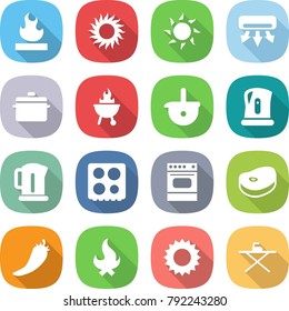 flat vector icon set - flammable vector, sun, air conditioning, pan, bbq, ladle, kettle, hob, oven, steake, hot pepper, fire, iron board