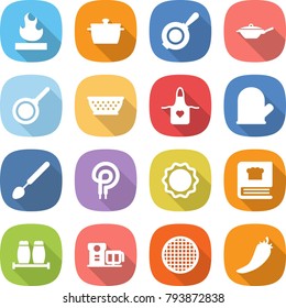 flat vector icon set - flammable vector, pan, colander, apron, cook glove, big spoon, elecric oven, induction, cooking book, salt pepper, food processor, sieve, hot