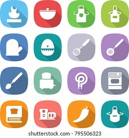 flat vector icon set - flammable vector, cauldron, apron, cook glove, egg timer, whisk, skimmer, big spoon, toaster, elecric oven, cooking book, food processor, hot pepper