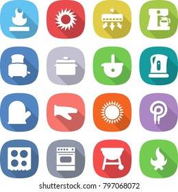 flat vector icon set - flammable vector, sun, air conditioning, coffee maker, toaster, pan, ladle, kettle, cook glove, gas oven, elecric, hob, bbq, fire