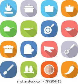 flat vector icon set - flammable vector, pan, saute, chief hat, cook glove, whisk, big spoon, salt pepper, sieve, hot