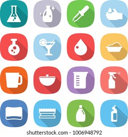flat vector icon set - flask vector, cleanser, pipette, acid, chemical, cocktail, drop, washing, cup, cauldron, measuring, sprayer, sponge, toilet