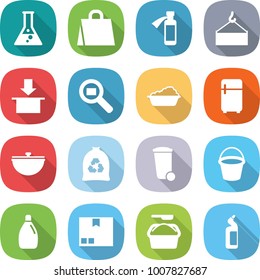 flat vector icon set - flask vector, shopping bag, potion bottle, loading crane, package, cargo search, washing, fridge, cauldron, garbage, trash bin, bucket, cleanser, powder, toilet