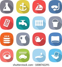 flat vector icon set - flask vector, anchor, sail boat, diving mask, inflatable mattress, water tap, radiator, bucket, plate washing, jug, watering can, sponge, soap, car wash, hand and drop, floor