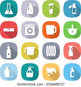 flat vector icon set - flask vector, cleanser, test vial, potion bottle, level, washing machine, cup, ladle, vegetable oil, measuring, barrel, sprayer, shampoo, liquid soap, spot, toilet