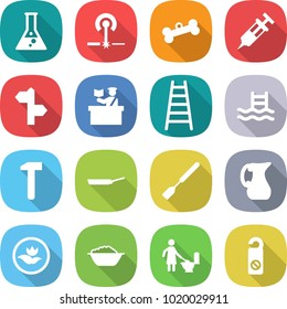 flat vector icon set - flask vector, laser, bone, syringe, signpost, inspector, ladder, pool, hammer, pan, spatula, jug, ecology, foam basin, toilet cleaning, do not distrub