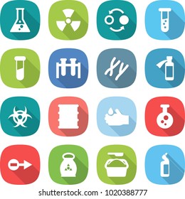 flat vector icon set - flask vector, nuclear, quantum bond, vial, test, chromosomes, potion bottle, biohazard, barrel, acid, chemical, electron, fertilizer, washing powder, toilet cleanser