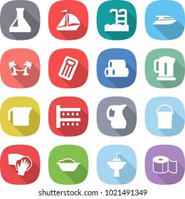 flat vector icon set - flask vector, sail boat, pool, yacht, palm hammock, inflatable mattress, pipes, kettle, measuring cup, watering, jug, bucket, wiping, foam basin, water tap sink, toilet paper