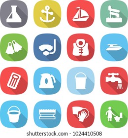 flat vector icon set - flask vector, anchor, sail boat, aquapark, flippers, diving mask, life vest, yacht, inflatable mattress, kettle, bucket, water tap, sponge, wiping, toilet cleaning