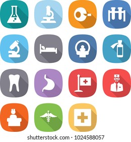 flat vector icon set - flask vector, microscope, artificial insemination, test vial, hospital bed, tomography, potion bottle, tooth, stomach, medical flag, doctor, recieption, ambulance sign