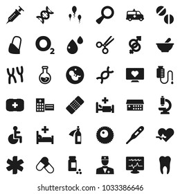 Flat vector icon set - flask vector, pills vial, heart monitor, first aid kit, oxygen, ambulance star, disabled, pulse, doctor, thermometer, gender sign, dna, magnifier, pregnancy, syringe, scissors