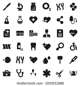 Flat vector icon set - flask vector, heart pulse, pills vial, molecule, cross, oxygen, doctor bag, ambulance star, disabled, thermometer, magnifier, insemination, scissors, scalpel, stethoscope