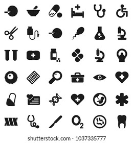 Flat vector icon set - flask vector, pills vial, heart monitor, cross, first aid kit, oxygen, doctor bag, ambulance star, disabled, eye, dna, magnifier, pregnancy, insemination, scissors, scalpel