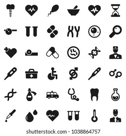 Flat vector icon set - flask vector, heart pulse, pills, doctor bag, disabled, cross, thermometer, vial, gender sign, dna, magnifier, dropper, sand clock, stethoscope, mortar, eye hat, microbs