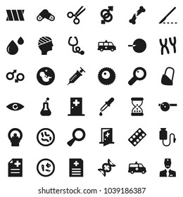 Flat vector icon set - flask vector, eye, gender sign, dna, magnifier, pregnancy, insemination, syringe, dropper, scissors, scalpel, broken bone, sand clock, stethoscope, pills, blister, doctor hat