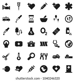 Flat vector icon set - flask vector, pills vial, heart cross, first aid kit, oxygen, doctor bag, ambulance star, pulse, thermometer, magnifier, pregnancy, insemination, syringe, dropper, crutches