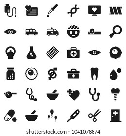 Flat vector icon set - flask vector, pills, heart monitor, cross, first aid kit, doctor bag, thermometer, eye, gender sign, dna, magnifier, dropper, scissors, stethoscope, bottle, blister, mortar