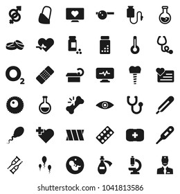 Flat vector icon set - flask vector, pills vial, heart monitor, cross, first aid kit, oxygen, pulse, thermometer, eye, gender sign, pregnancy, crutches, broken bone, patch, stethoscope, blister