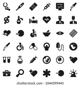 Flat vector icon set - flask vector, heart pulse, pills, cross, doctor bag, ambulance star, disabled, thermometer, vial, eye, gender sign, magnifier, pregnancy, insemination, syringe, dropper, patch