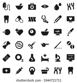 Flat vector icon set - flask vector, pills, heart monitor, cross, first aid kit, oxygen, thermometer, eye, insemination, syringe, dropper, scissors, scalpel, broken bone, patch, stethoscope, mortar