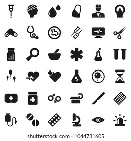 Flat vector icon set - flask vector, first aid kit, ambulance star, heart pulse, cross, doctor, vial, eye, gender sign, magnifier, crutches, scissors, scalpel, sand clock, stethoscope, pills, bottle