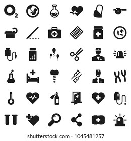 Flat vector icon set - flask vector, heart pulse, pills vial, molecule, cross, first aid kit, oxygen, doctor, thermometer, magnifier, pregnancy, crutches, scissors, scalpel, bottle, blister, eye hat