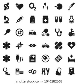 Flat vector icon set - flask vector, pills vial, heart cross, oxygen, ambulance star, disabled, eye, gender sign, dna, insemination, syringe, dropper, patch, stethoscope, bottle, blister, microscope
