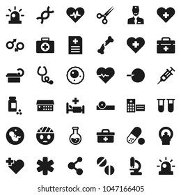 Flat vector icon set - flask vector, heart pulse, pills vial, molecule, cross, first aid kit, doctor bag, ambulance star, gender sign, dna, pregnancy, insemination, syringe, scissors, broken bone