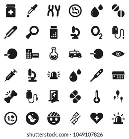 Flat vector icon set - flask vector, pills vial, oxygen, heart cross, thermometer, eye, magnifier, pregnancy, insemination, syringe, dropper, crutches, broken bone, bottle, microscope, microbs