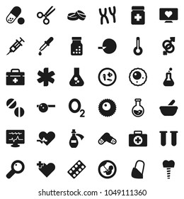 Flat vector icon set - flask vector, pills, heart monitor, first aid kit, oxygen, doctor bag, ambulance star, pulse, cross, thermometer, vial, gender sign, magnifier, pregnancy, insemination, bottle