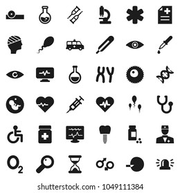 Flat vector icon set - flask vector, heart pulse, pills vial, oxygen, ambulance star, disabled, doctor, thermometer, eye, gender sign, dna, magnifier, pregnancy, insemination, syringe, dropper, hat
