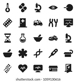 Flat vector icon set - flask vector, heart pulse, ambulance star, thermometer, eye, dna, insemination, crutches, sand clock, pills, blister, mortar, microscope, chromosomes, hospital building