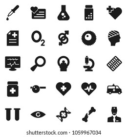 Flat vector icon set - flask vector, pills vial, heart monitor, cross, oxygen, pulse, eye, gender sign, dna, magnifier, dropper, broken bone, bottle, blister, doctor hat, microscope, anamnesis