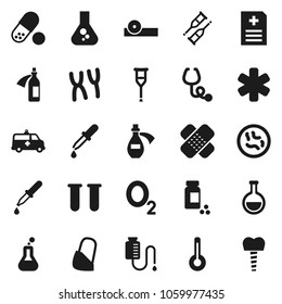 Flat vector icon set - flask vector, pills vial, oxygen, ambulance star, thermometer, dropper, crutches, patch, stethoscope, eye doctor hat, microbs, chromosomes, anamnesis, amkbulance car, potion