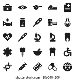 Flat vector icon set - flask vector, pills vial, doctor bag, ambulance star, disabled, heart pulse, thermometer, eye, dna, syringe, blister, mortar, hat, microscope, anamnesis, hospital bed, tooth