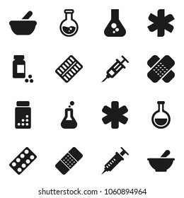 Flat vector icon set - flask vector, pills vial, ambulance star, syringe, patch, blister, mortar