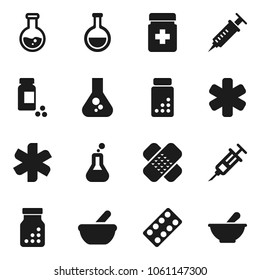 Flat vector icon set - flask vector, pills vial, ambulance star, syringe, patch, bottle, blister, mortar