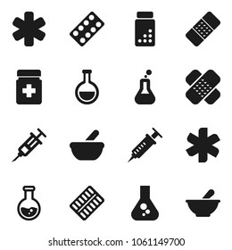 Flat vector icon set - flask vector, pills vial, ambulance star, syringe, patch, bottle, blister, mortar