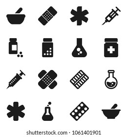 Flat vector icon set - flask vector, pills vial, ambulance star, syringe, patch, bottle, blister, mortar
