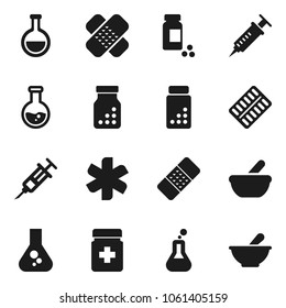 Flat vector icon set - flask vector, pills vial, ambulance star, syringe, patch, bottle, blister, mortar