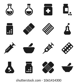 Flat vector icon set - flask vector, pills vial, syringe, patch, bottle, blister, mortar