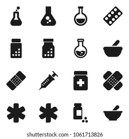 Flat vector icon set - flask vector, pills vial, ambulance star, syringe, patch, bottle, blister, mortar